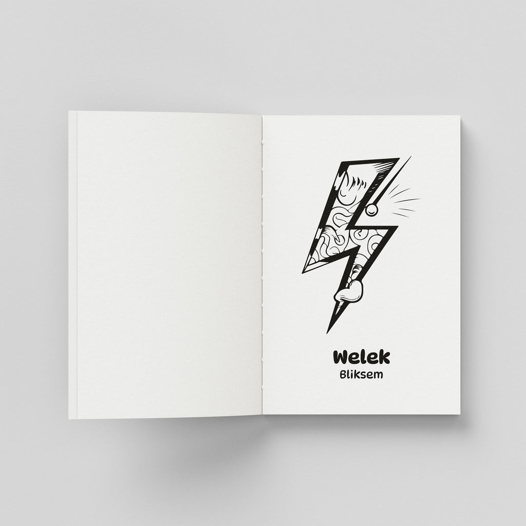 Een open binnenpagina van een kleurboek met aan de rechterzijde de lijntekening van een bliksemschicht (Welek in het Papiamentu en Bliksem in het Nederlands). De bliksemschicht is ingevuld met sierlijke lijnpatronen.