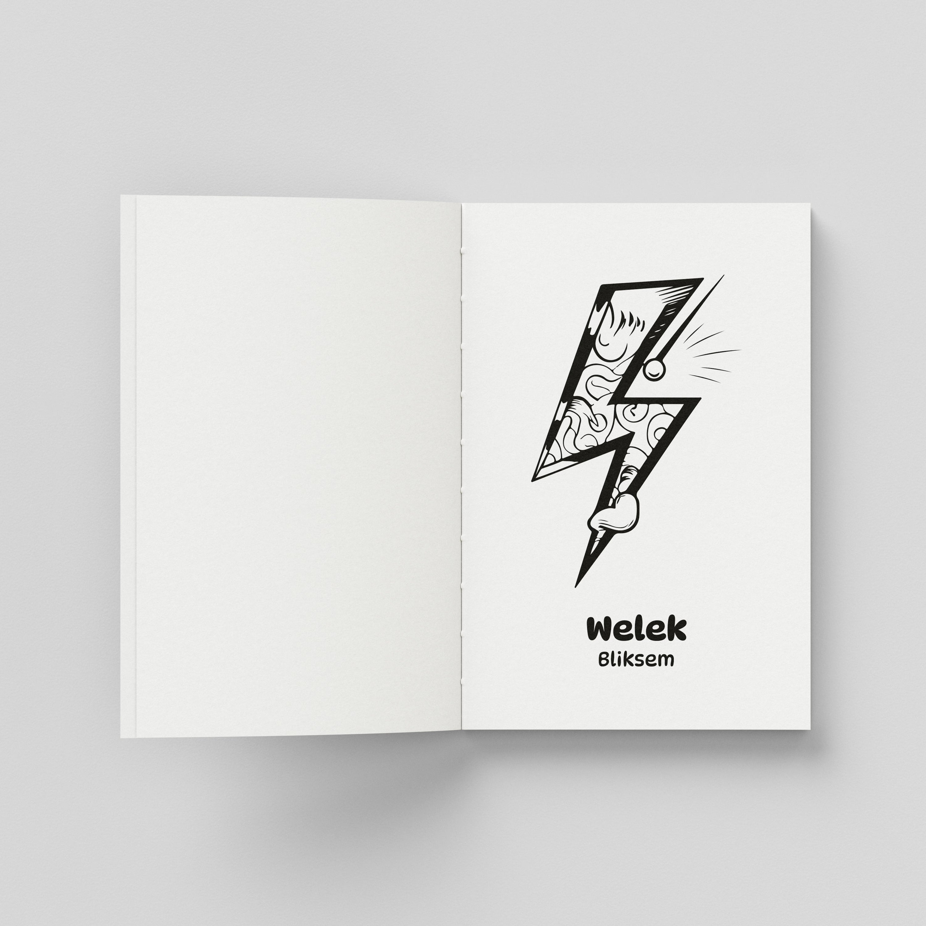 Een open binnenpagina van een kleurboek met aan de rechterzijde de lijntekening van een bliksemschicht (Welek in het Papiamentu en Bliksem in het Nederlands). De bliksemschicht is ingevuld met sierlijke lijnpatronen.