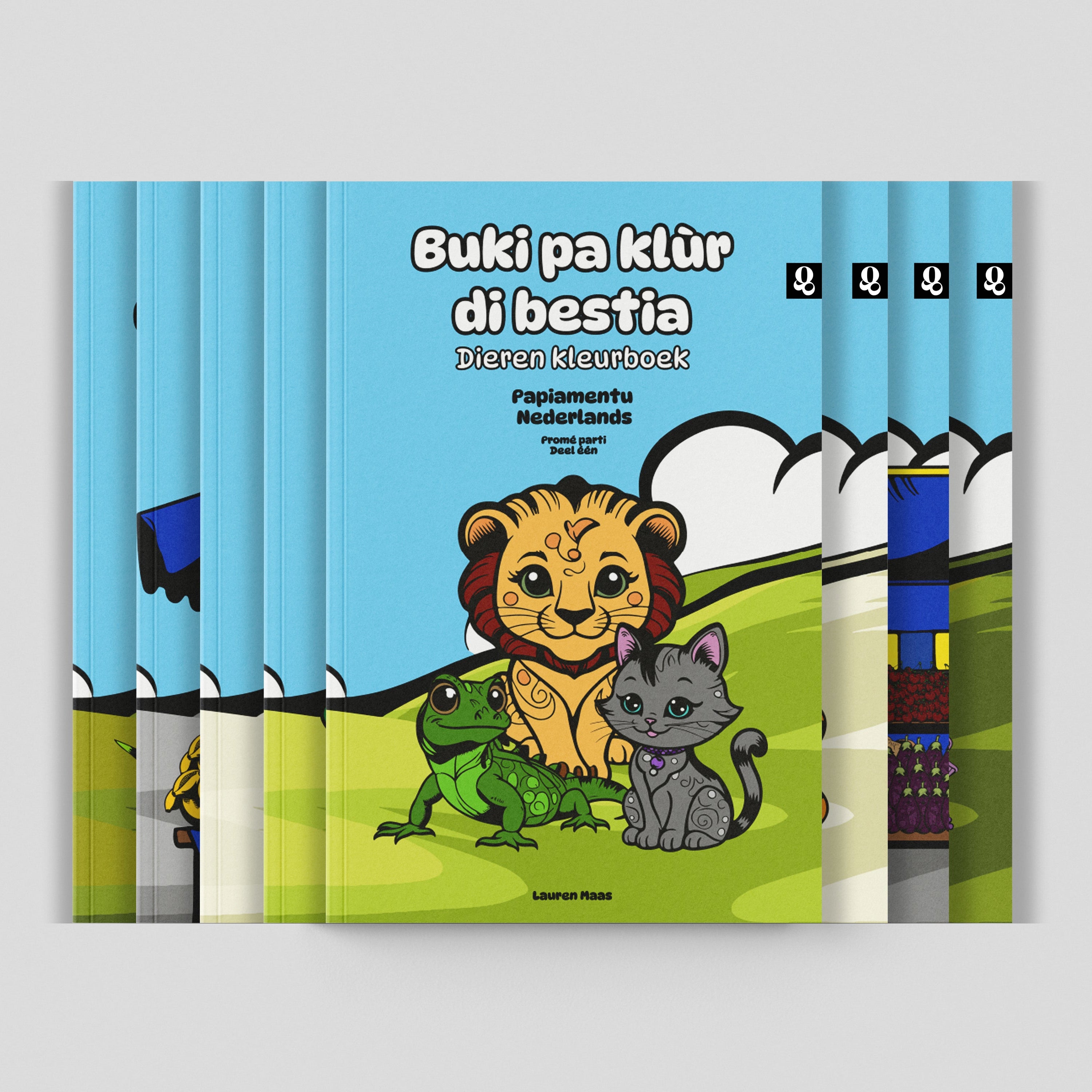 Bundel tweetalige (Papiamentu-Nederlands) kleurboeken. De omslag toont het kinderboek Buki pa klùr di bestia / Dieren kleurboek, geïllustreerd met een leeuw, leguaan en een kat op een groene heuvel. Onder het boek liggen nog zeven andere kleurboeken in het Papiamentu Nederlands.