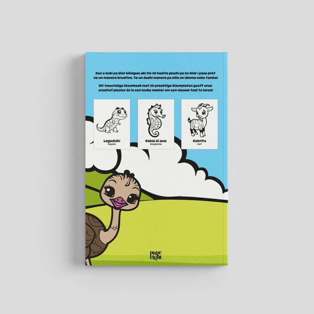 Achterkant van Dieren Kleurboek Deel 1. De flaptekst is te lezen in het Papiamentu en Nederlands. De illustratie toont een grote struisvogel en drie voorbeeldkleurplaten: een hagedis (Lagadishi), een zeepaardje (Kabai di awa) en een geit (Kabritu).