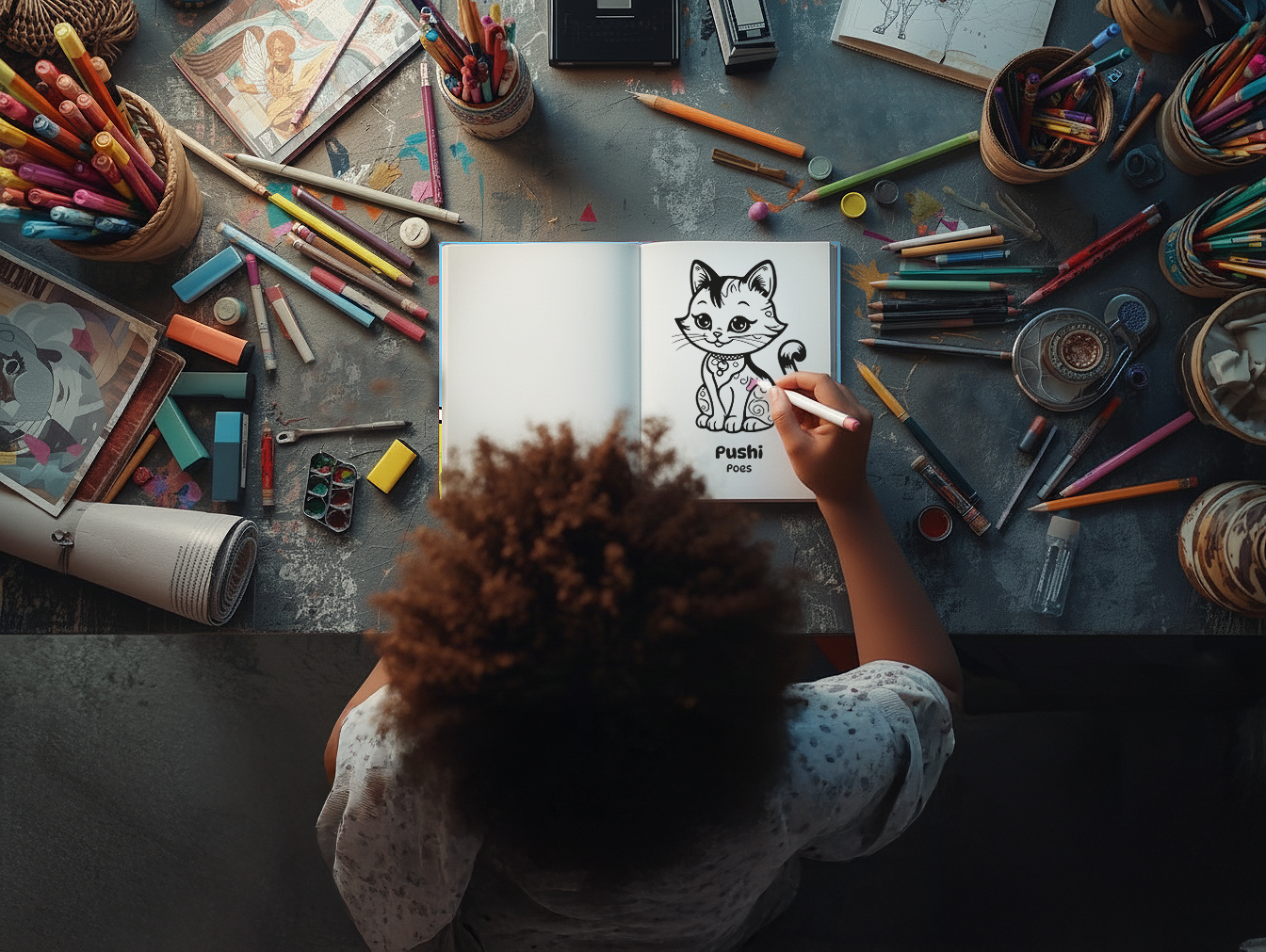 Bovenaanzicht van een kind dat een poezen kleurplaat inkleurt uit het Dieren Kleurboek (Deel 1) Papiamentu - Nederlands van Page Eight. De geopende pagina ligt op een creatief bureau vol met diverse kunstmaterialen.