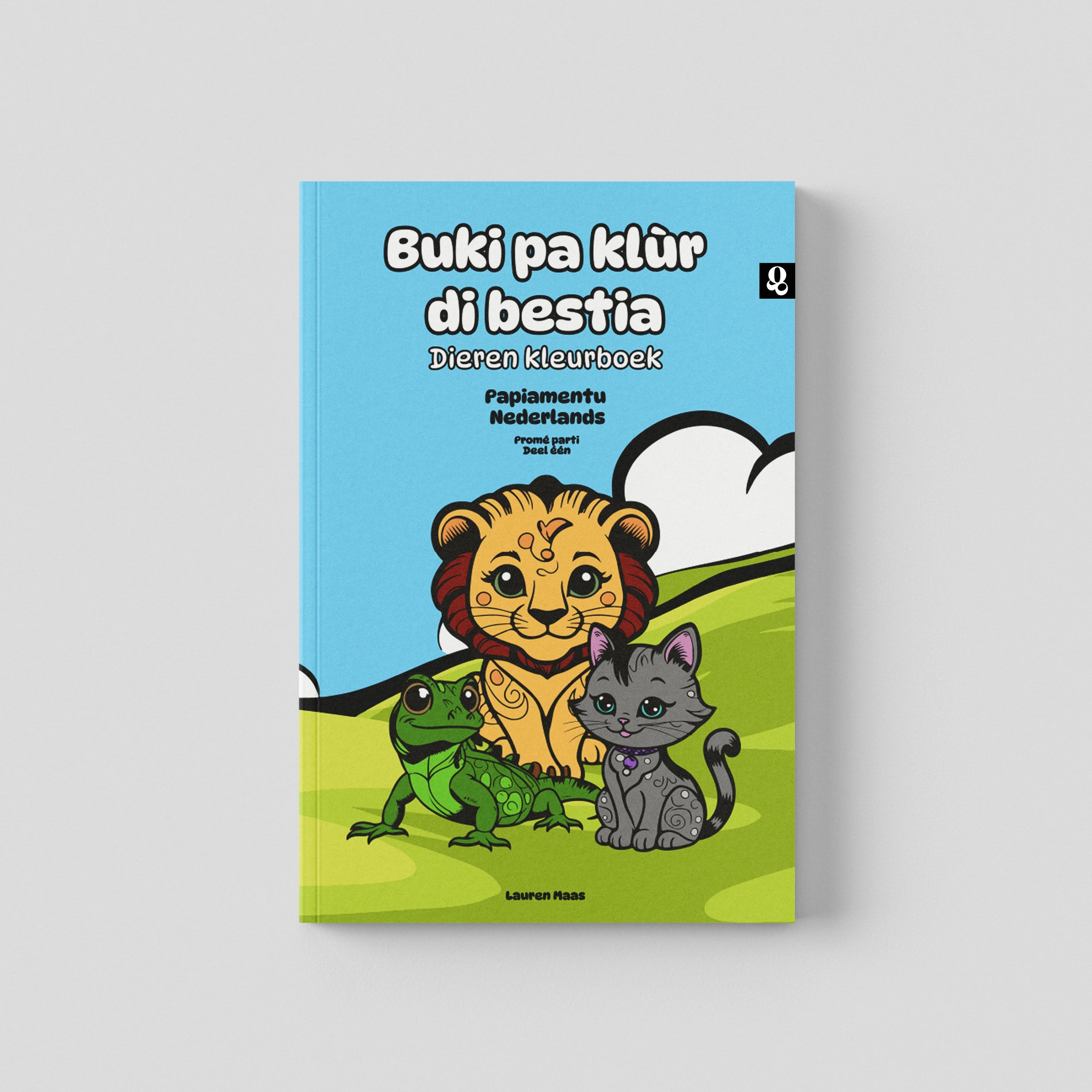 Voorkant van het tweetalige kleurboek 'Buki pa klùr di bestia' deel 1. Een illustratie van een leeuw, een leguaan en een kat in het gras.