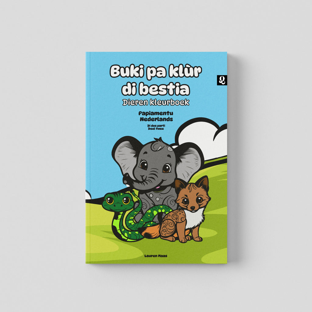 Voorkant van het tweetalige kleurboek 'Buki pa klùr di bestia' deel 2. Een illustratie van een olifant, een slang en een vos in het gras.