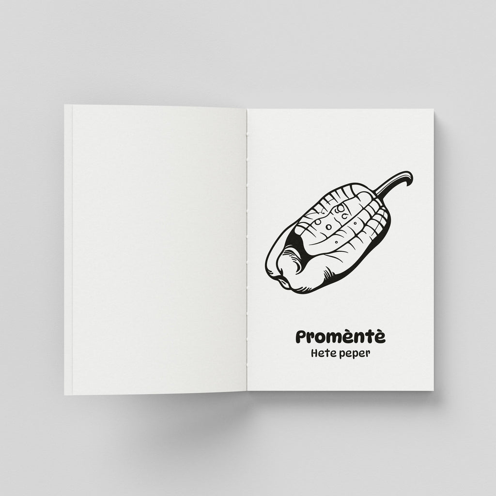 Een open binnenpagina van een kleurboek met aan de rechterzijde de lijntekening van een hete peper (Promèntè in het Papiamentu en Hete peper in het Nederlands). De peper is gedecoreerd met gekrulde patronen.