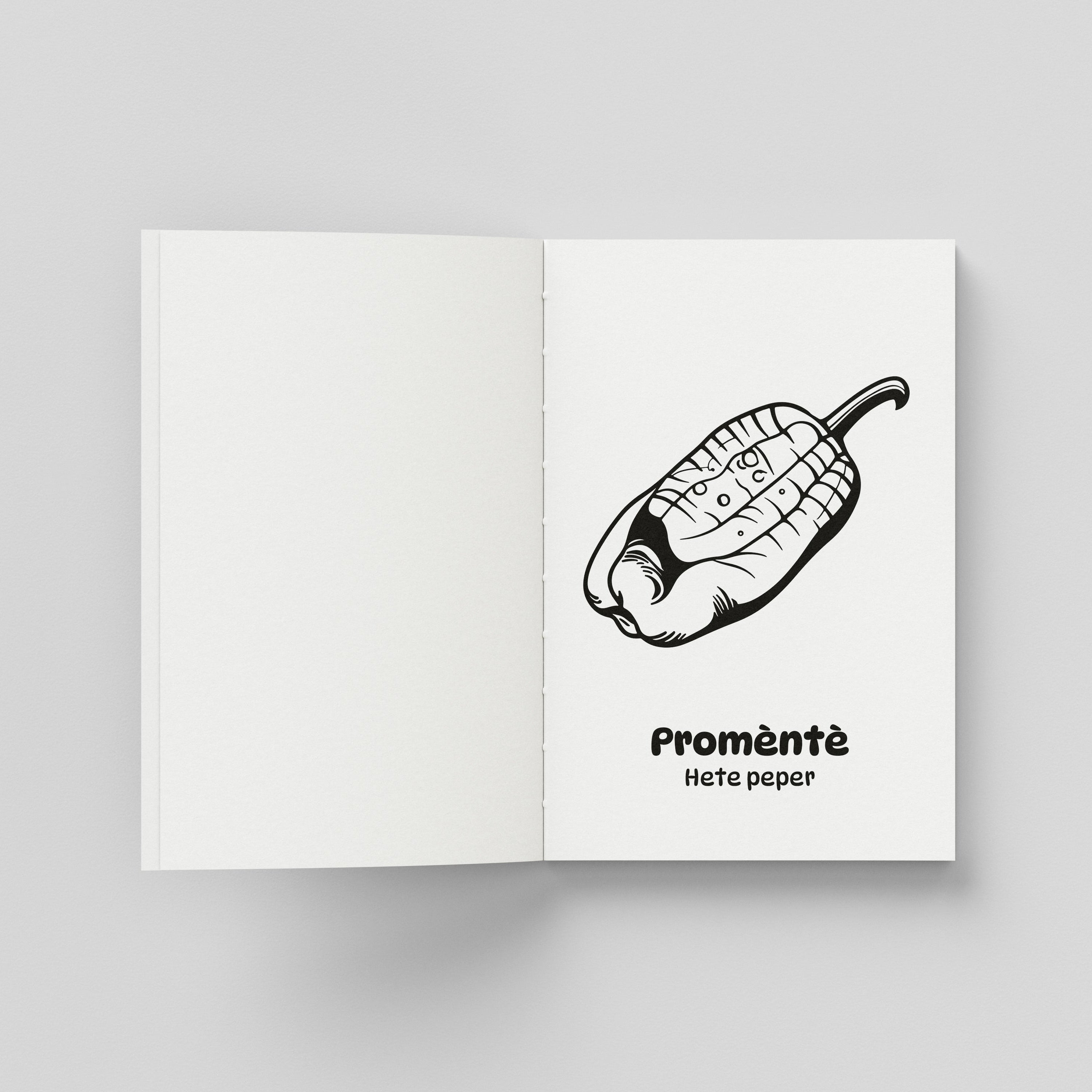 Een open binnenpagina van een kleurboek met aan de rechterzijde de lijntekening van een hete peper (Promèntè in het Papiamentu en Hete peper in het Nederlands). De peper is gedecoreerd met gekrulde patronen.