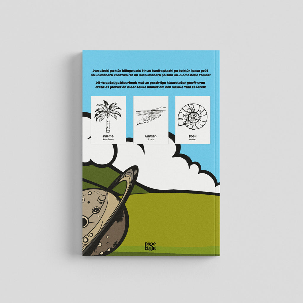 Achterkant van Natuur Kleurboek Deel 2. De flaptekst is te lezen in het Papiamentu en Nederlands. De illustratie toont een planeet met ringen en drie voorbeeldkleurplaten: een palmboom (Palma), strand (Laman) en een fossiel (Fòsil).
