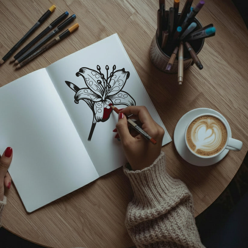 Close-up van een vrouw die een lelie-kleurplaat inkleurt uit het Natuur kleurboek (Deel 2) Papiamentu - Nederlands van Page Eight. Naast het notitieboek staat een witte kop met een cappuccino en latte art. De scène toont een rustig en creatief moment met een warme drank.