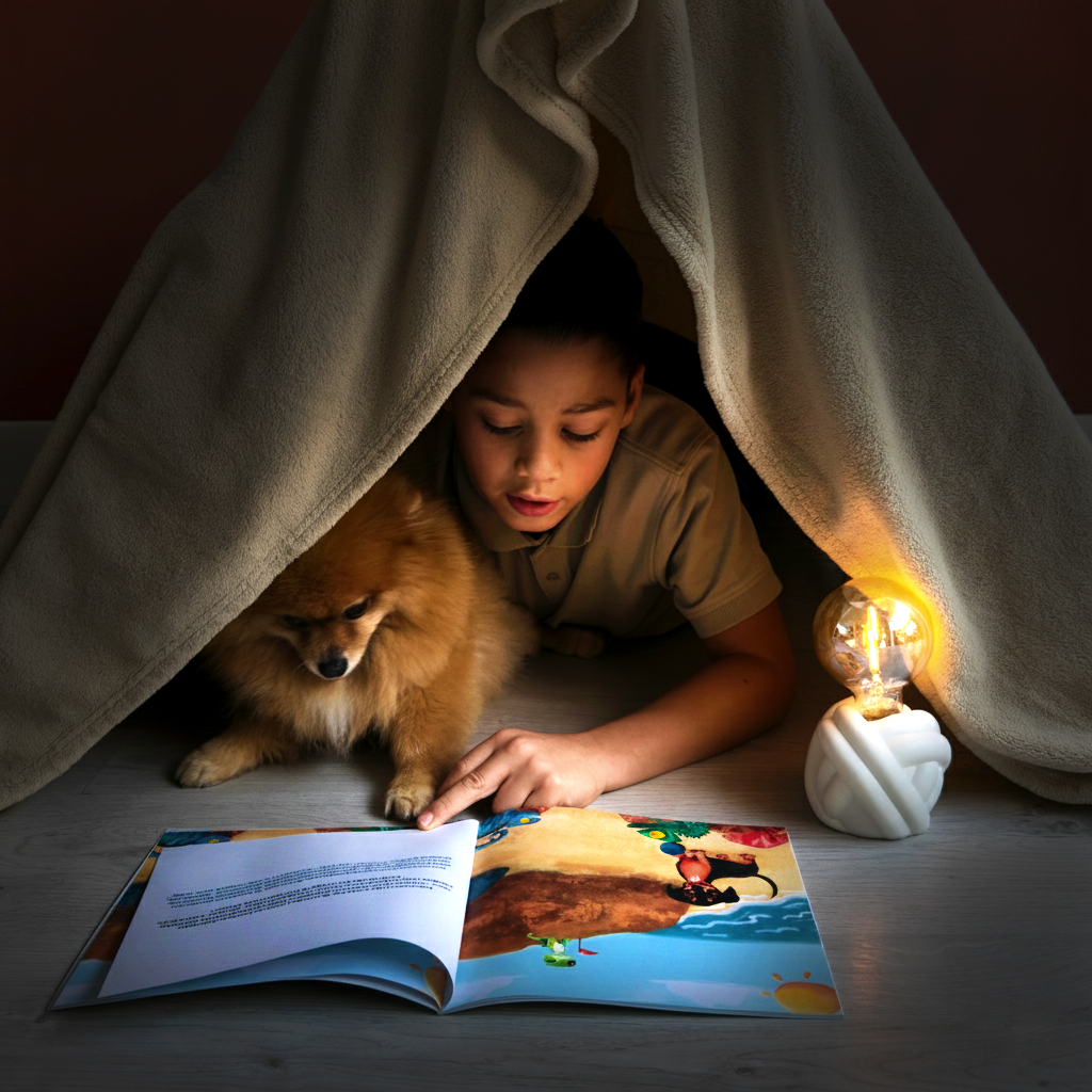Een kind en een pluizige, donkeroranje Pomeriaan hond liggen knus onder een zachte, beige deken die een tent vormt. Glimmend in het warme licht van een decoratieve lamp met gloeilamp, leest het kind aandachtig in het tweetalige boek "Tommie i Lishi" (Papiamentu - Nederlands). Het openliggende boek toont levendige, kleurrijke illustraties die de avonturen van de Jack Russell en hagedis tot leven brengen, terwijl de trouwe hondekameraad rustig naast de lezer ligt.