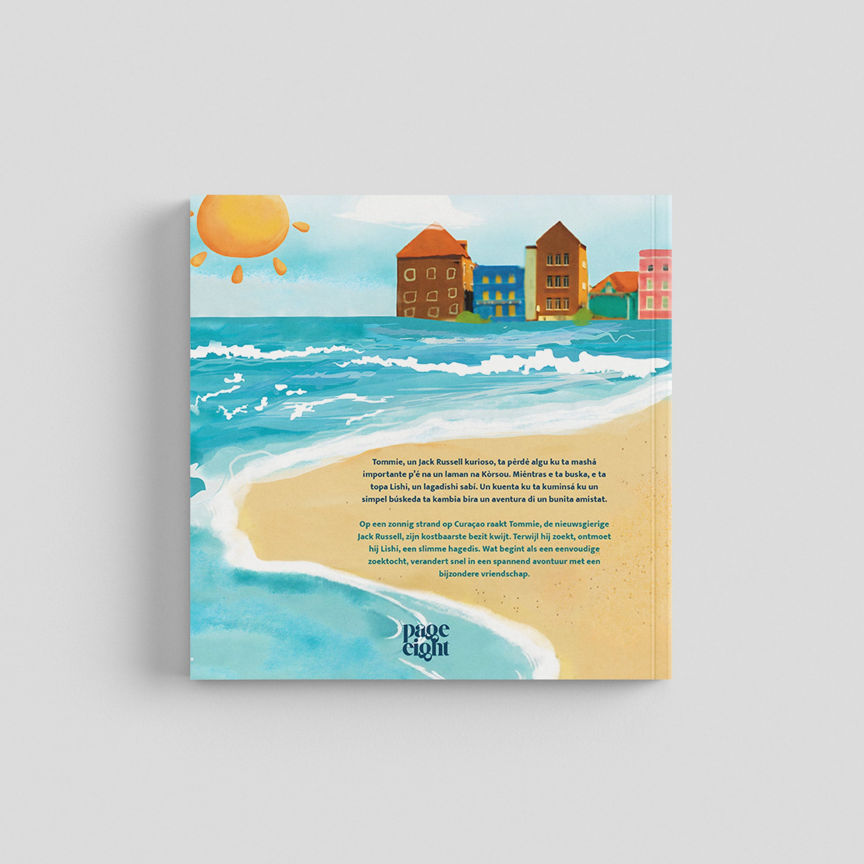 Omslag van een paperback boek met de titel "Aventuranan di Tommie i Lishi - De avonturen van Tommie en Lishi". De achterkant van het boek toont de flaptekst. Er is een zee, zon en zandstrand te zien. Op de achtergrond staan gekleurde huizen zoals in Curaçao. 